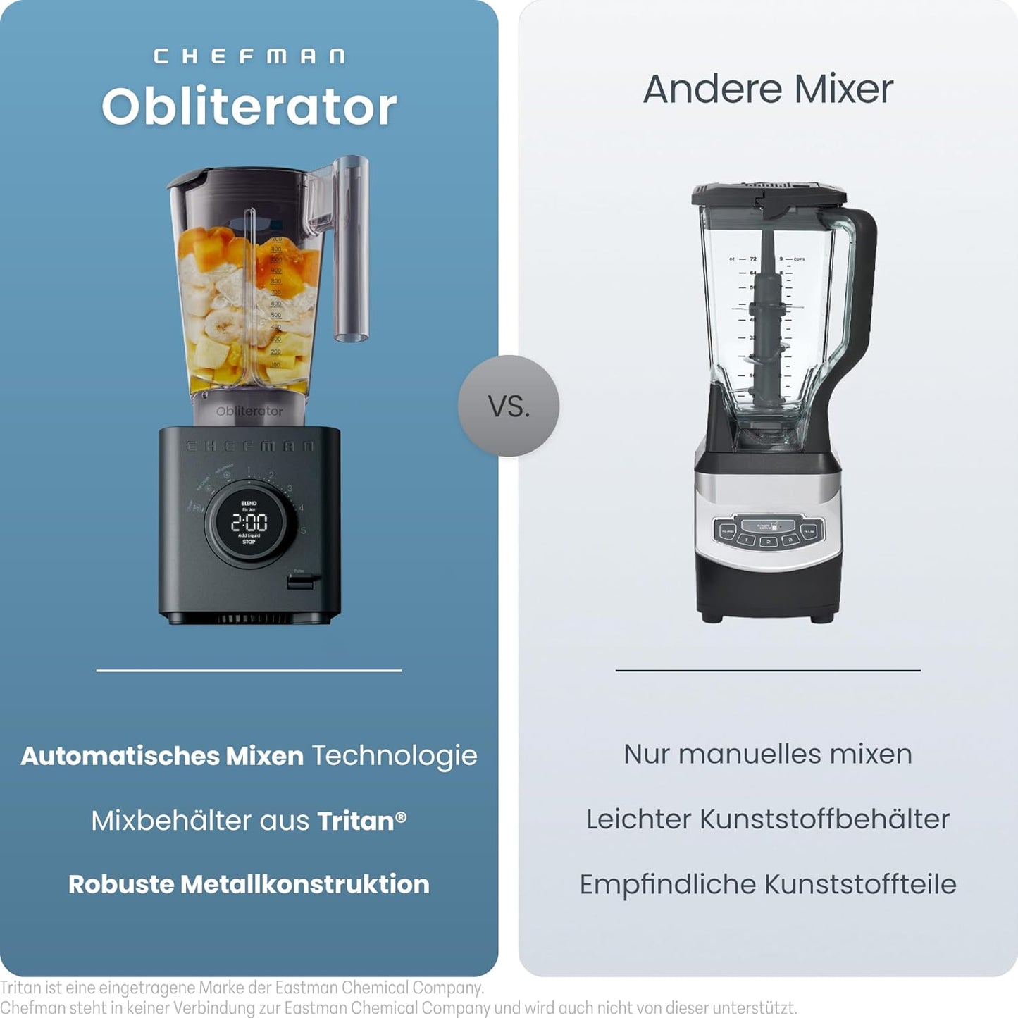 Chefman Obliterator 1,2 l blender voor smoothies, 1380 W motor voor het malen van ijs, noten en bevroren vruchten met roestvrijstalen lemmet, Auto Blend functie, incl. 600ml reiscontainer - Midnight