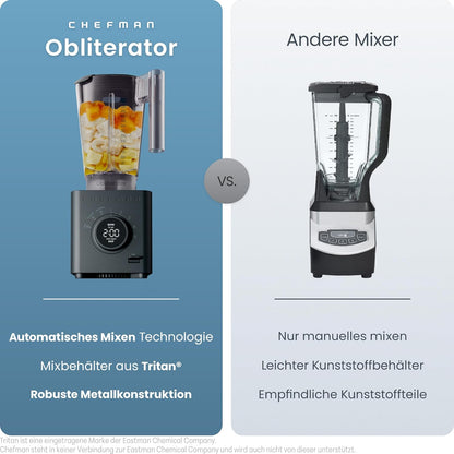 Chefman Obliterator 1,2 l blender voor smoothies, 1380 W motor voor het malen van ijs, noten en bevroren vruchten met roestvrijstalen lemmet, Auto Blend functie, incl. 600ml reiscontainer - Midnight