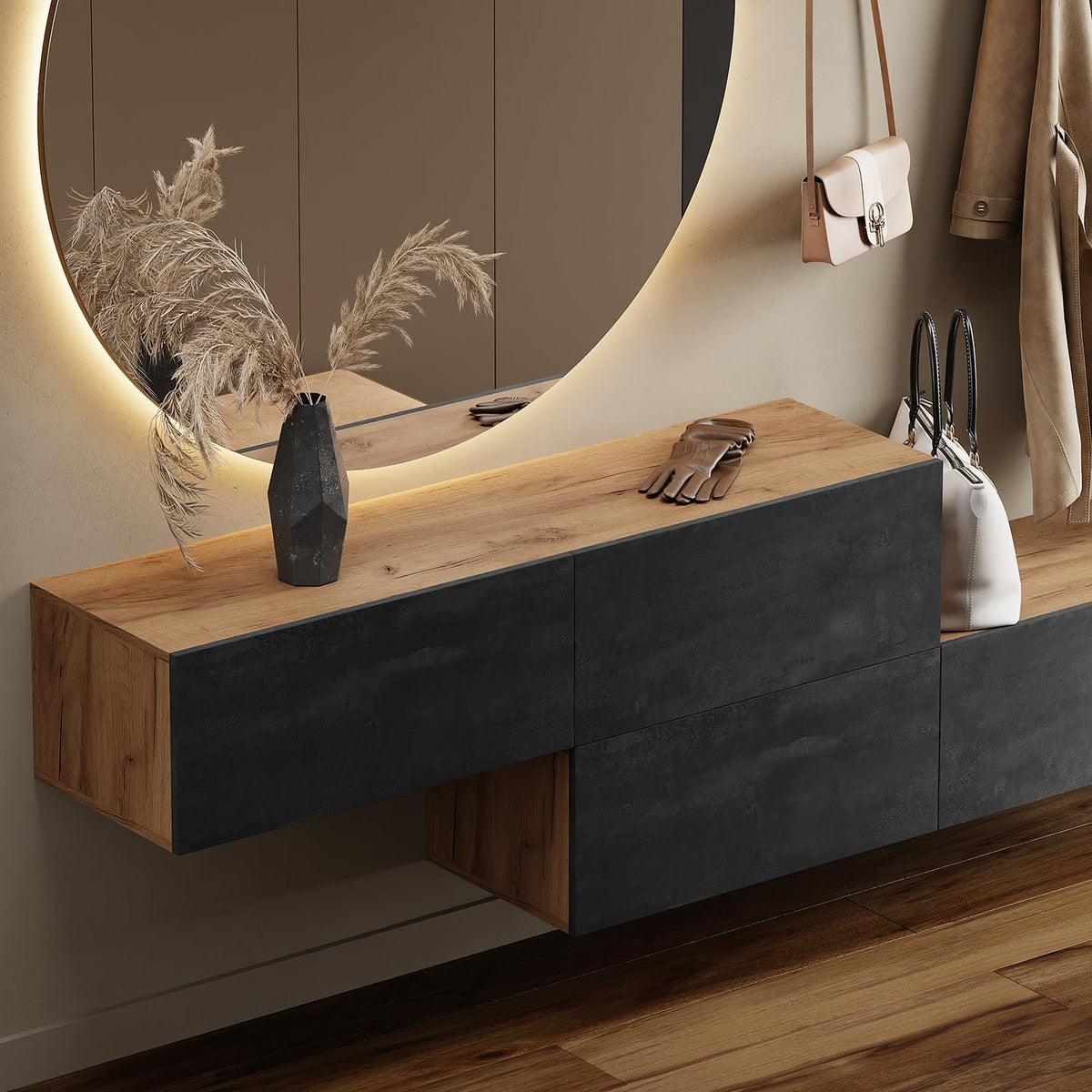 Planetmöbel Hallway furniture wardrobe wardrobe, 2 x 140 cm, gold oak - black charcoal, compact cabinet with flap as storage, wall cabinet hanging or standing, hall unit, entrance furniture - QUORE