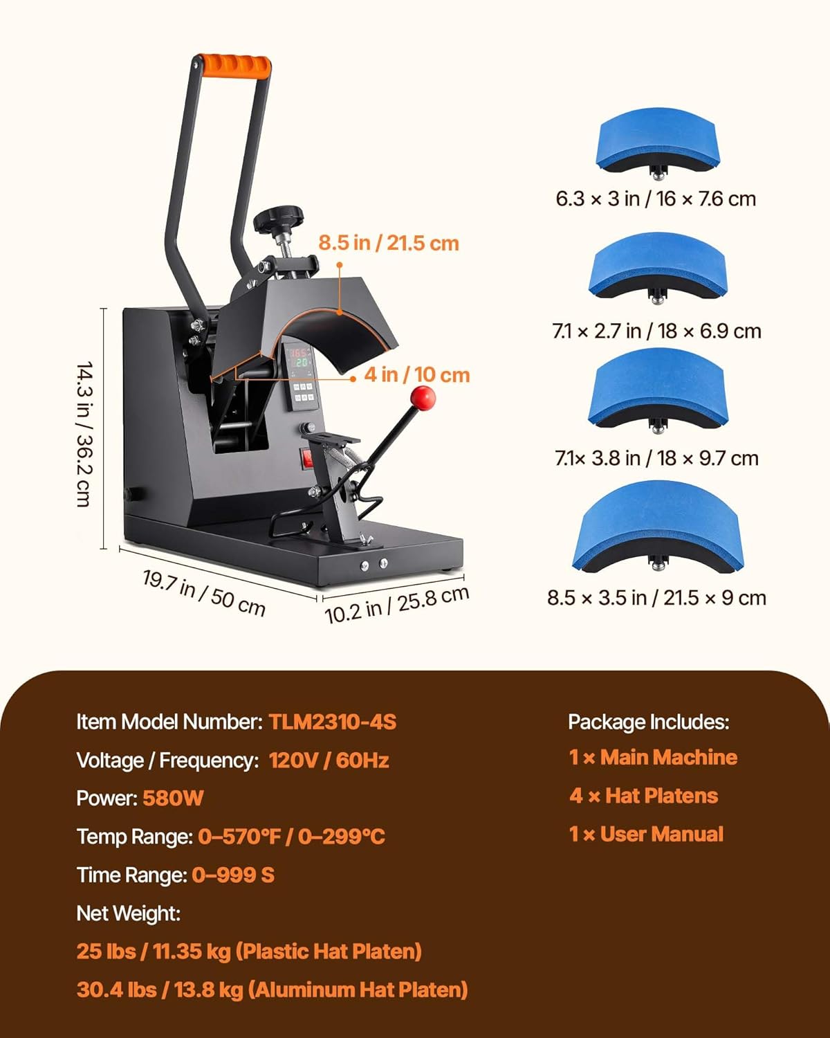 VEVOR Hoed verwarming pers, 4-in-1 kap W warmtepers, 15,2 x 7,6 cm vouwshell sublimatie? transmissie, LCD digitale timer temperatuurregeling met 4 gebogen verwarmingselementen