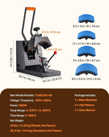 VEVOR Hoed verwarming pers, 4-in-1 kap W warmtepers, 15,2 x 7,6 cm vouwshell sublimatie? transmissie, LCD digitale timer temperatuurregeling met 4 gebogen verwarmingselementen