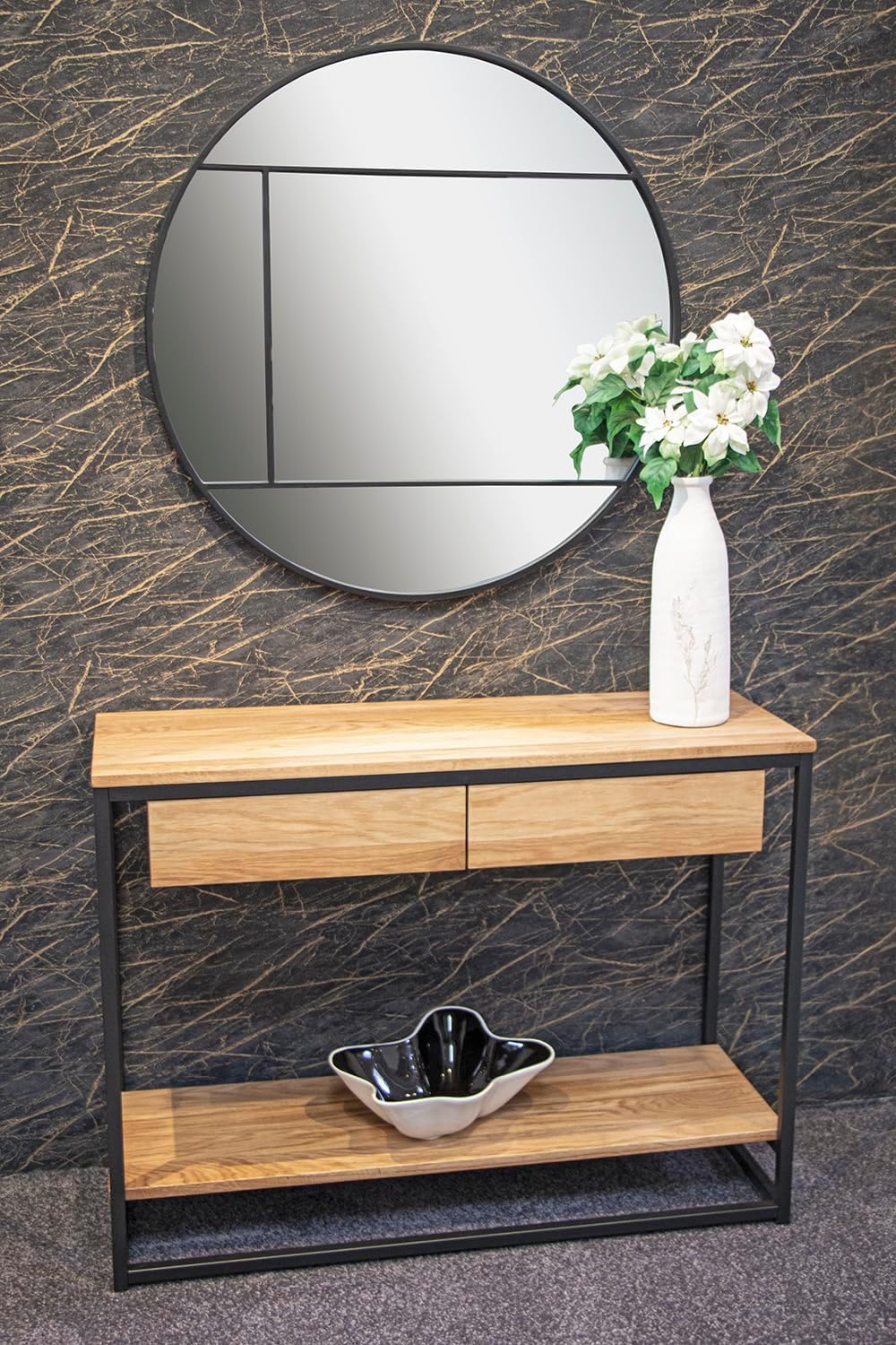 HAKU Console eiken, zwart, Massief hout, metaal - Maat: B 100 cm x H 75 cm x D 35 cm, Stijl: Modern