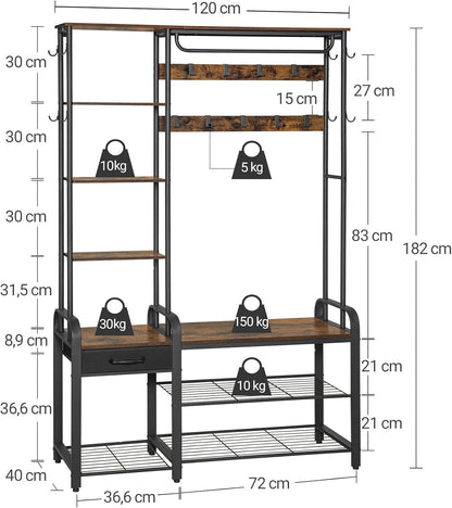 Hzuaneri Hall Tree, Coat Rack with 3-Tier Storage Bench and 1 Drawer, 5-in-1 Hallway Bench with 17 Hooks, 1 Hanging Bar, 4-Tier Side Shelves, Rustic Brown HT03501B