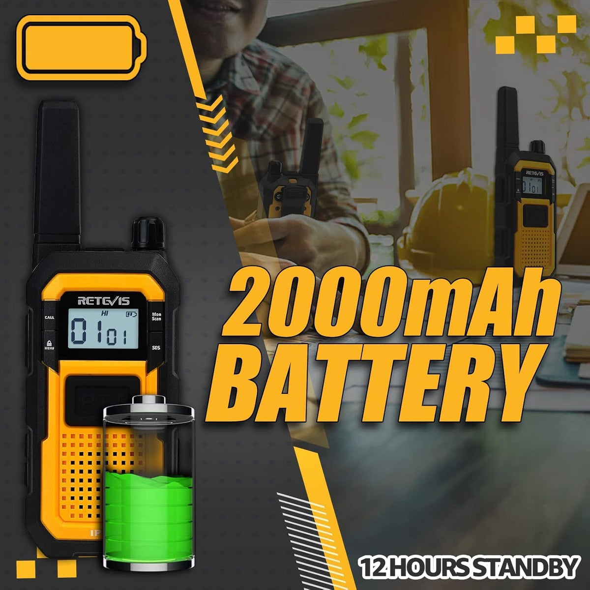 Retevis RB648 Zware Tweewegradio IP67 Waterdicht Stofdicht Robuuste Walkietalkies met Dual PTT VOX Oplaadbare Langeafstandsradio's voor Aannemers, Werklocaties en Buitengebruik (2-pack)