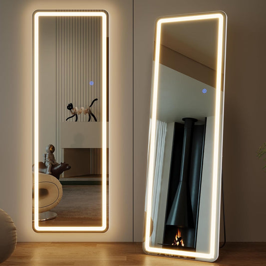 Staande Spiegel LED 160 x 50 cm, Lange Spiegel met Verlichting, Grote LED Wandspiegel, Volledige Lengte Passpiegel met Standaard, Vrijstaande Vloerspiegel voor Woonkamer Hal (Wit)