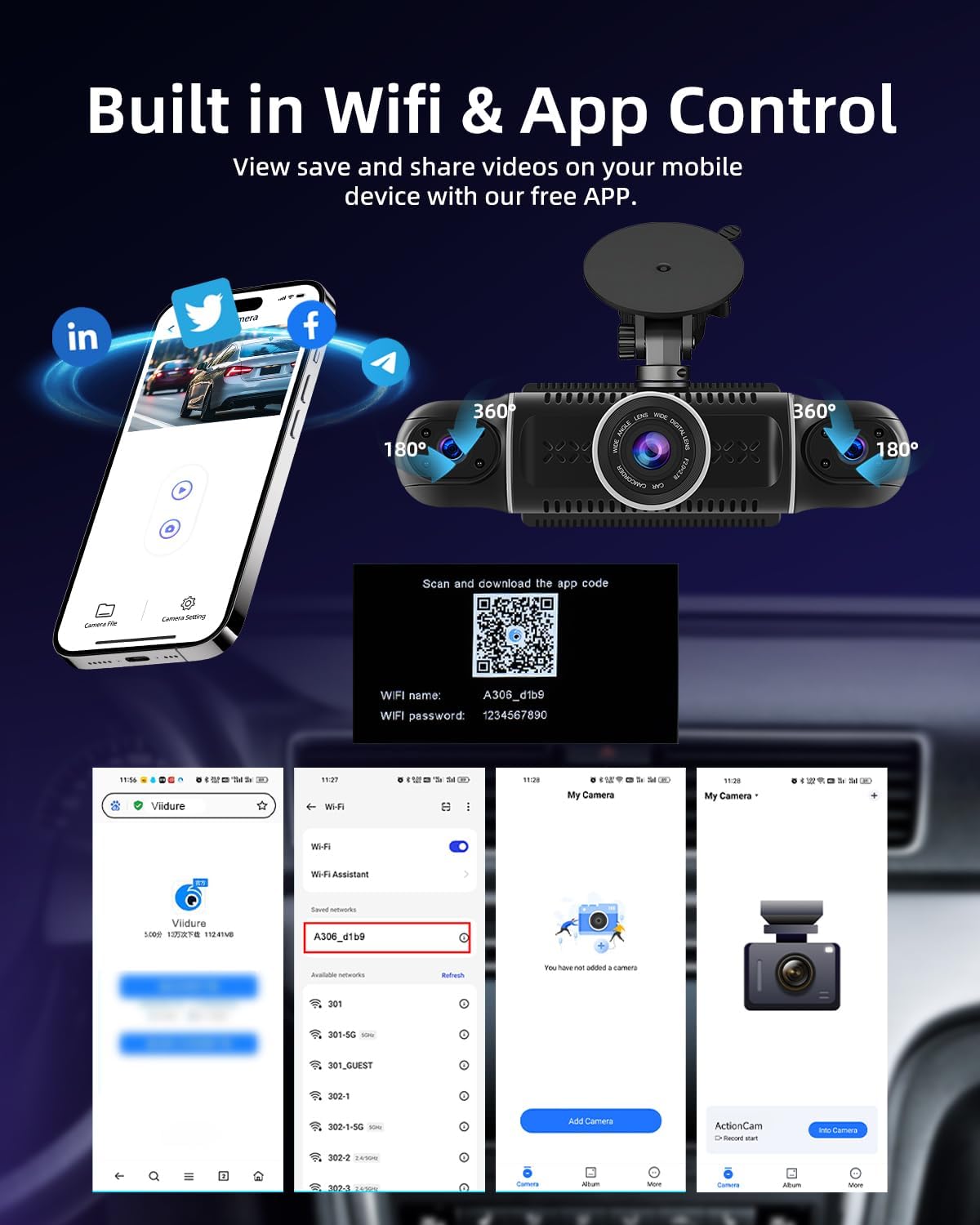 Dashcam – Autocamera – Boordcamera – Auto Camera – 4 Camera's – 360° Bewaking – Wifi-App Bediening & 64 GB Kaart Inbegrepen