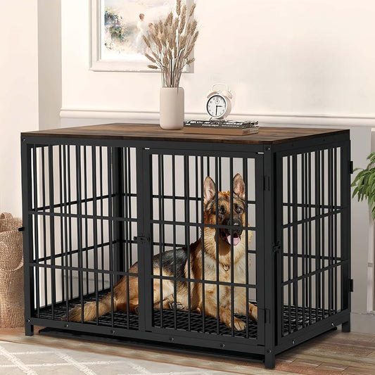 BingoPaw Houten hondenkrat binnen: 42 inch meubelstijl extra grote huisdierenkooi huisdierenkennel bijzettafel met drie deuren en afneembaar dienblad voor grote honden, zwart