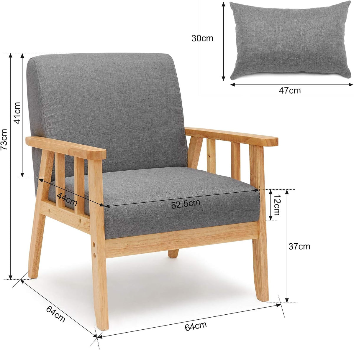 Mondeer Fauteuil, linnen, massief houten frame, retro met kussen, voor slaapkamer, woonkamer, balkon, kantoor, donkergrijs