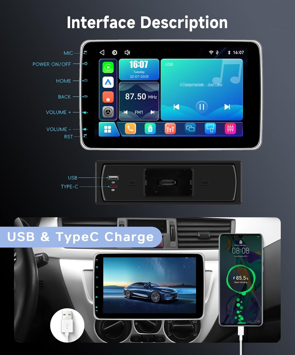 Autoradio, 1 Din met draadloze Carplay Android auto, 10 inch HD IPS touchscreen, autoradio met handmatige draaifunctie, ondersteuning Bluetooth 5.2 schakelspiegels, FM/RDS-radio, USB/type C
