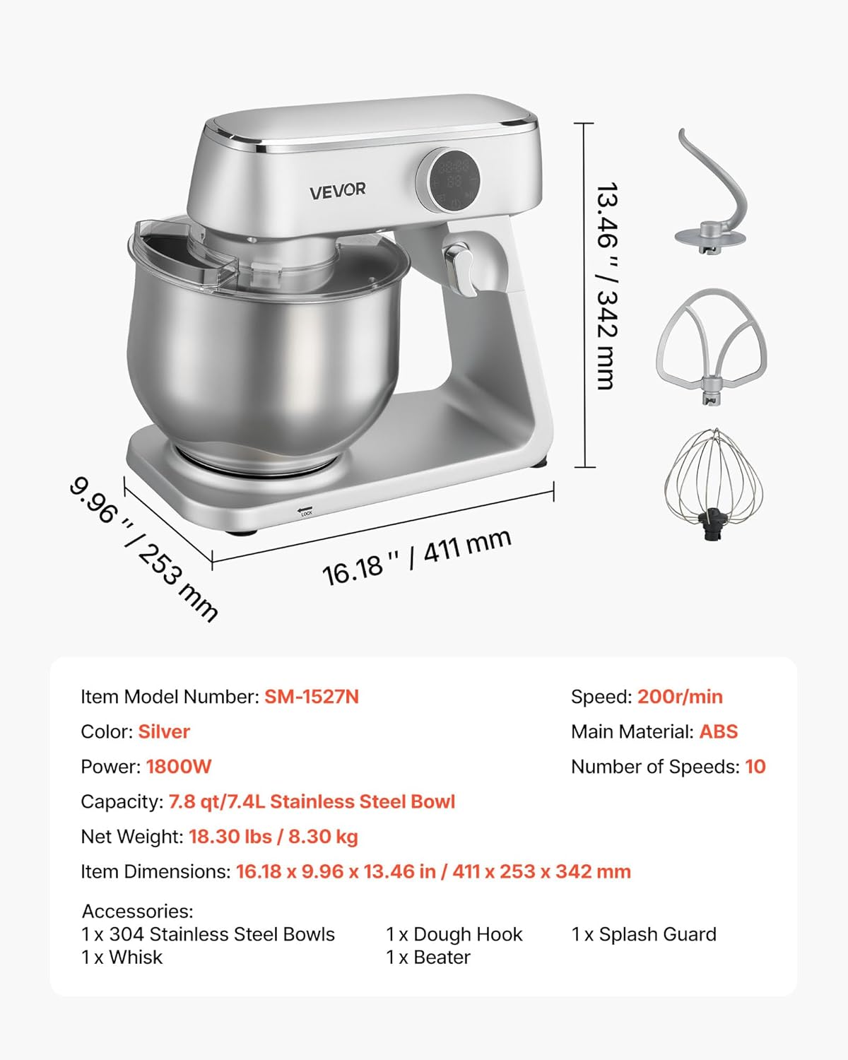 Keukenmachine – Keukenmixer – Keukenrobot – Foodprocessor – Mixer – 7,4L RVS Mengkom – 1800W Motor – 10 Snelheden – Inclusief Deeghaak, Garde En Platte Mengklopper