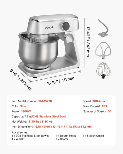 VEVOR Blender, 1800 W, kom van roestvrij staal, 7,4 l, kneedhaak, garde en garde, 10 snelheden, verstelbare helling, 411 x 253 x 342 mm, voor het mengen van crème, groenten en deeg