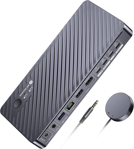 AV Access Docking Station KVM Switch 2 Monitor 2 Laptops, 4K KVM Switch Dual Monitor, 100W PD voor elke pc, 1G Ethernet, EDID-emulatie, ideaal voor thuiskantoor en gaming