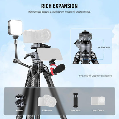 NEEWER LITETRIP LT38 61" reisstatief camera, draagbare standaard van koolstofvezel, 360° kogelkop, Arca type snelkoppelingsplaat compatibel met Peak Design Clip V3, max. belasting 22 lb