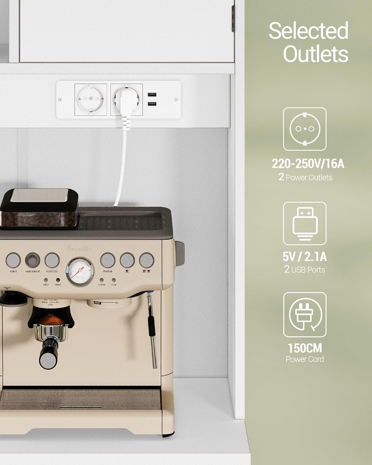 Hzuaneri Kitchen Cabinet, Buffet Cabinet, Tall Cabinet with Sockets and LED Light Strips, with Worktops and Two Drawers, Adjustable Shelves, Kitchen, 40 x 100 x 180 cm, White, PT00203XEU