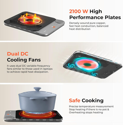 TOKIT Inductie Cooker Inductiekookplaat automatische panherkenning 2100 W 1-knops bediening 16 mm ultradun Sous-Vide kristaloppervlak anti-kras-grijs