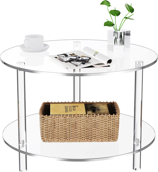 Acryl salontafel voor woonkamer, rond, Lucite tafel met open opbergrek, doorzichtig
