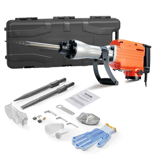 VEVOR Powerful concrete breaker 2200 W, 1-1/8 inch / 28.6 mm electric bridge hammer, drill hammer concrete hammer 1400 BPM, incl. point sizes, flat blades, for sliding, concrete, etc