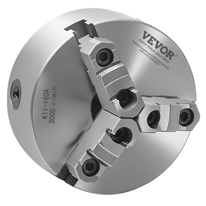 VEVOR 3-jaw lathe holder, 160 mm, self-centering chuck with 1 1/2"-8 threaded support plate, 3-145 mm clamping range with T-wrench screws, HT300 material, for wood-metal lathe