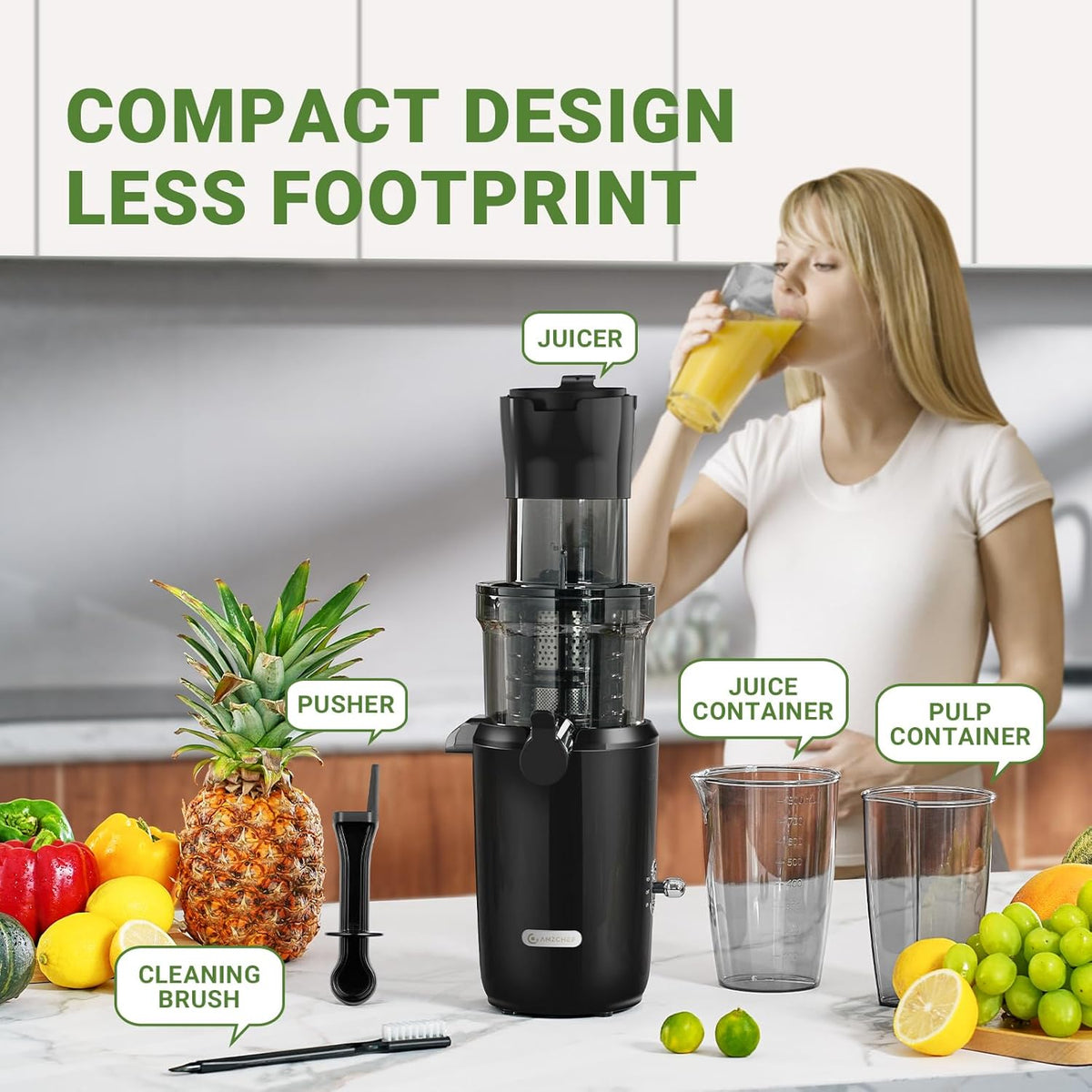 AMZCHEF Juicer Machine met 80MM Grote Opening voor Heel Fruit - 200W Krachtige Cold Press Juicer met Upgrade Auger, Dubbellaags Filter, Retro Schakelaar, Stille Motor - Zwart