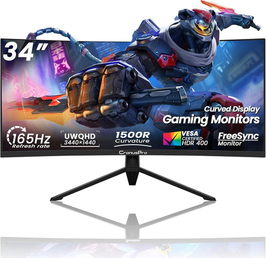 34 inch Ultrabrede Gebogen Monitor, 165HZ Gamingcomputermonitor 1500R, 21:9 UWQHD (3440 x 1440) 1ms reactietijd, AMD FreeSync Premium, Displaypoort, HDMI 2.0