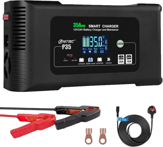 SolaMr 35A Autoacculader, 12V en 24V Intelligente Volautomatische Accutester met Pulsherconditionering voor Vrachtwagens, Motoren, Lithium- en Loodzuuraccu's voor de Scheepvaart - P35