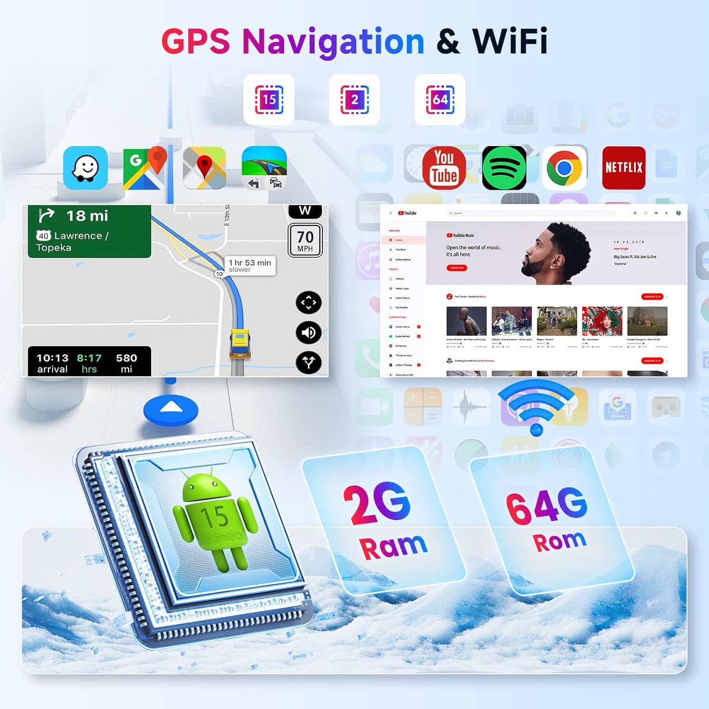 Android autoradio – Multimediaspeler – Navigatiesysteem – Touchscreen Radio – 2-DIN Radio – 7 Inch Touchscreen – Wireless CarPlay en Android Auto – 2 GB RAM + 64 GB Opslag