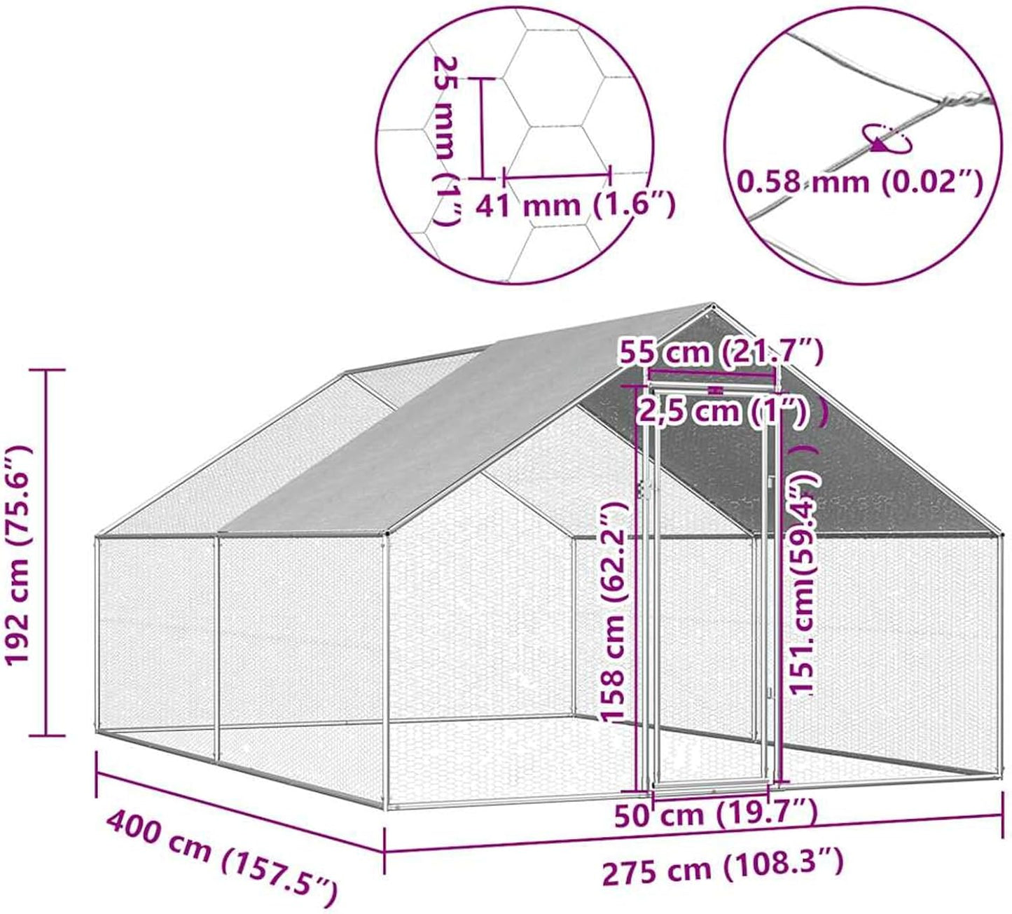 Gecheer Outdoor Chicken Coop, 2.75 x 4.00 x 1.92 m, Galvanised Steel, Large Outdoor Enclosure Weatherproof, for Chickens and Small Animals - QUORE