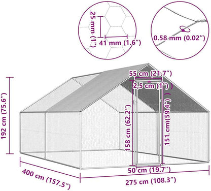 Gecheer Outdoor Chicken Coop, 2.75 x 4.00 x 1.92 m, Galvanised Steel, Large Outdoor Enclosure Weatherproof, for Chickens and Small Animals - QUORE