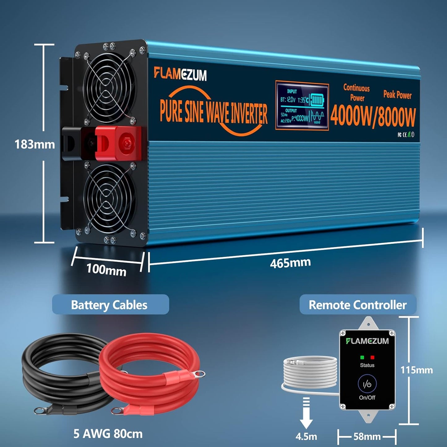 Pure sinus omvormer, 12 V naar 230 V, 4000 W spanningsomvormer met afstandsbediening, LED-display, 2 EU-stopcontacten en 2 USB-aansluitingen voor caravan, boot, camping