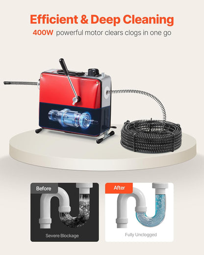 VEVOR Electric Pipe Cleaner for Pipe Drainage with Cable, 400 W, 1400 RPM, Spring Cable Made of Steel, Pipe Cleaner with 6 Cutting Machines, Diameter 50-110 mm