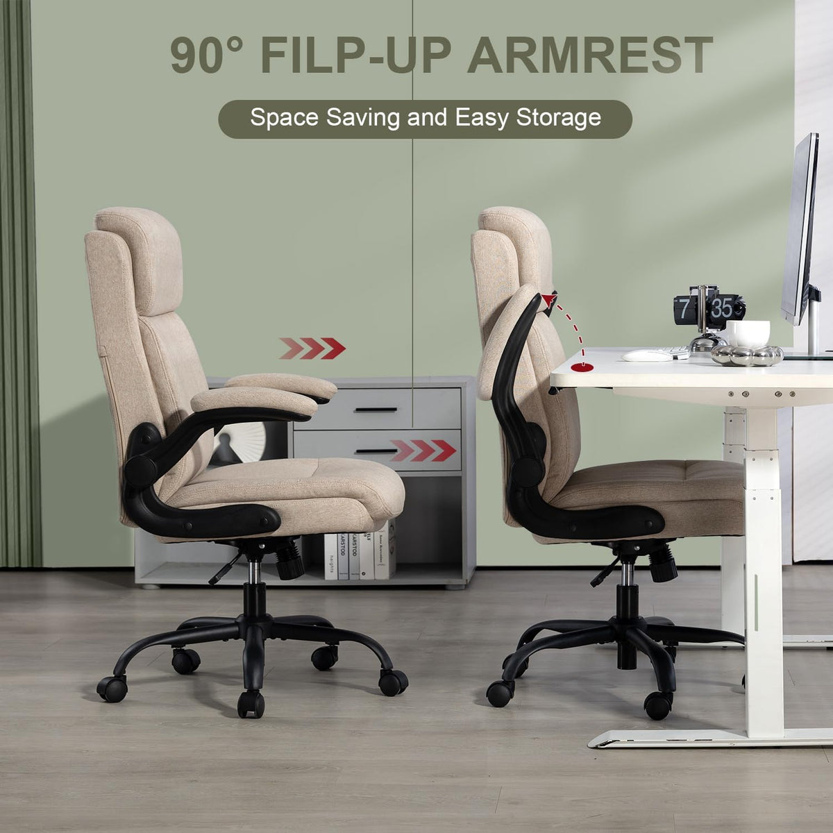 CASTLOVE Stoffen Bureaustoel Ergonomische Computer Bureaustoel Draaibare Brede Executive Office Chair met Opklapbare Armsteun voor Kantoor Thuis (CRÈME)