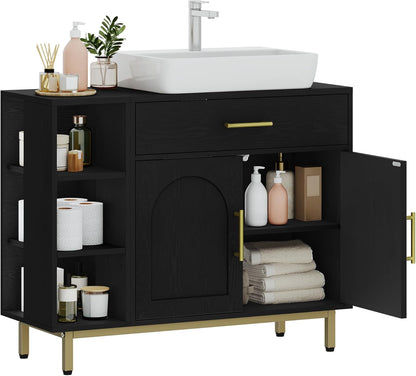 Hzuaneri Washbasin cabinet, bathroom cabinet, 1 drawer, 2 cabinet doors, open compartment with 3 levels, adjustable shelf, black with wood grain, 30 x 80 x 64 cm BC28804G