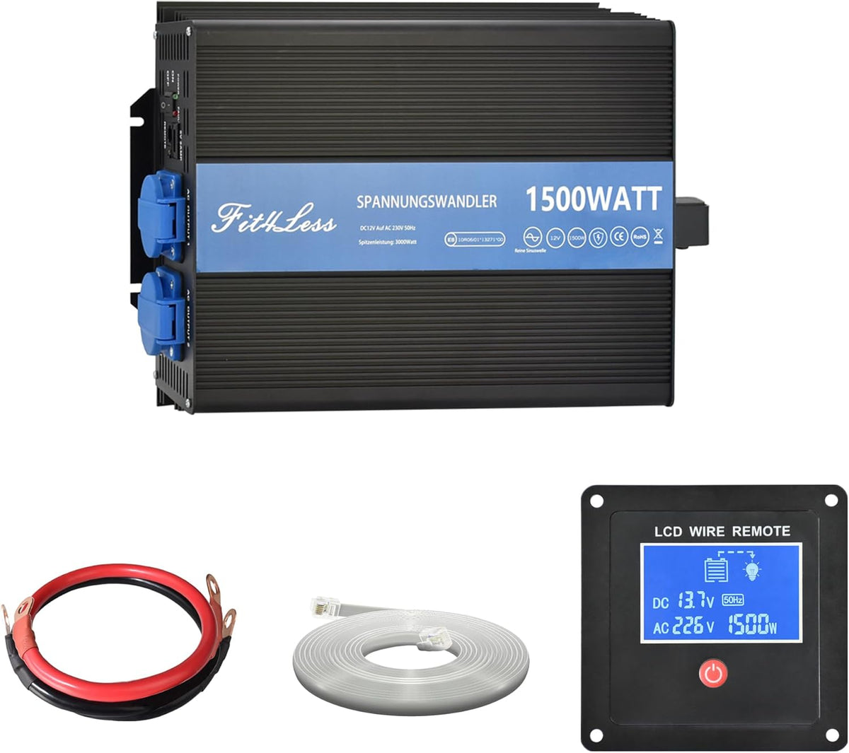 Pure Sine Wave Power Inverter DC12V naar AC230W 50Hz met dubbele Shuko stopcontacten, DC5V USB-poort, LCD Wire Remote Kit voor Europese markt. (12V 1500W)