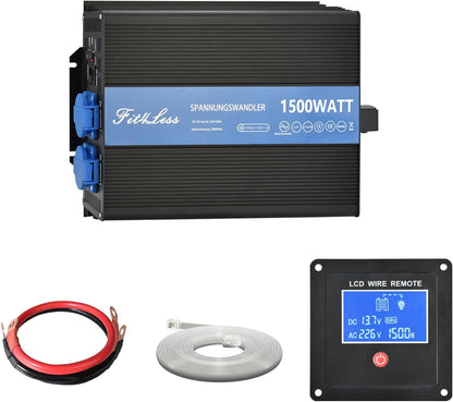 Pure Sine Wave Power Inverter DC12V naar AC230W 50Hz met dubbele Shuko stopcontacten, DC5V USB-poort, LCD Wire Remote Kit voor Europese markt. (12V 1500W)