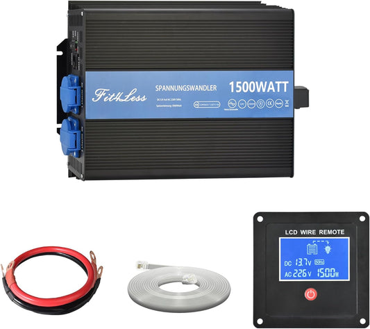 Pure Sine Wave Power Inverter DC12V naar AC230W 50Hz met dubbele Shuko stopcontacten, DC5V USB-poort, LCD Wire Remote Kit voor Europese markt. (12V 1500W)