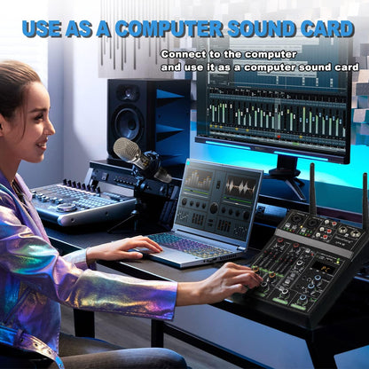 Audiomixer – Mixer – Mengpaneel – DJ Mixer – Geluidsmixer – 4-Kanaals Bluetooth – Draadloze Microfoonondersteuning – USB-Geluidskaart Met +48V Fantoomvoeding