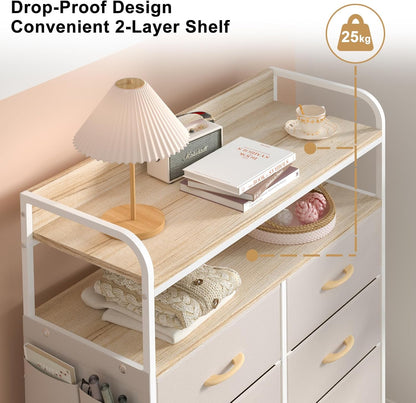 Ladekast – Dressoir – Opbergkast – Kledingkast – Kastje – 8 Stoffen Lades – Metalen Frame – 2-Laags Houten Bovenblad – Beige