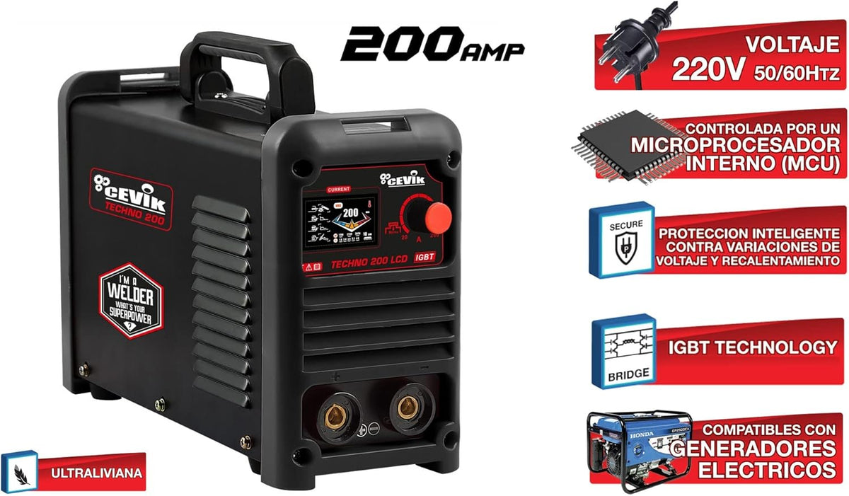 CEVIK PRO CE-TECHNO200LCD - Inverter lasapparaat MMA/TIG - 20-200 Amp - Elektroden tot 4 mm - Geavanceerde besturingstechnologie - Veelzijdigheid van materialen - Compact en draagbaar - Inclusief