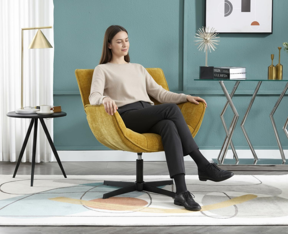 Draaifauteuil – Fauteuil – Lounge Stoel – Accentstoel – Zithoek Stoel – Gele Chenille Bekleding – 360° Draaifunctie – Compact Formaat