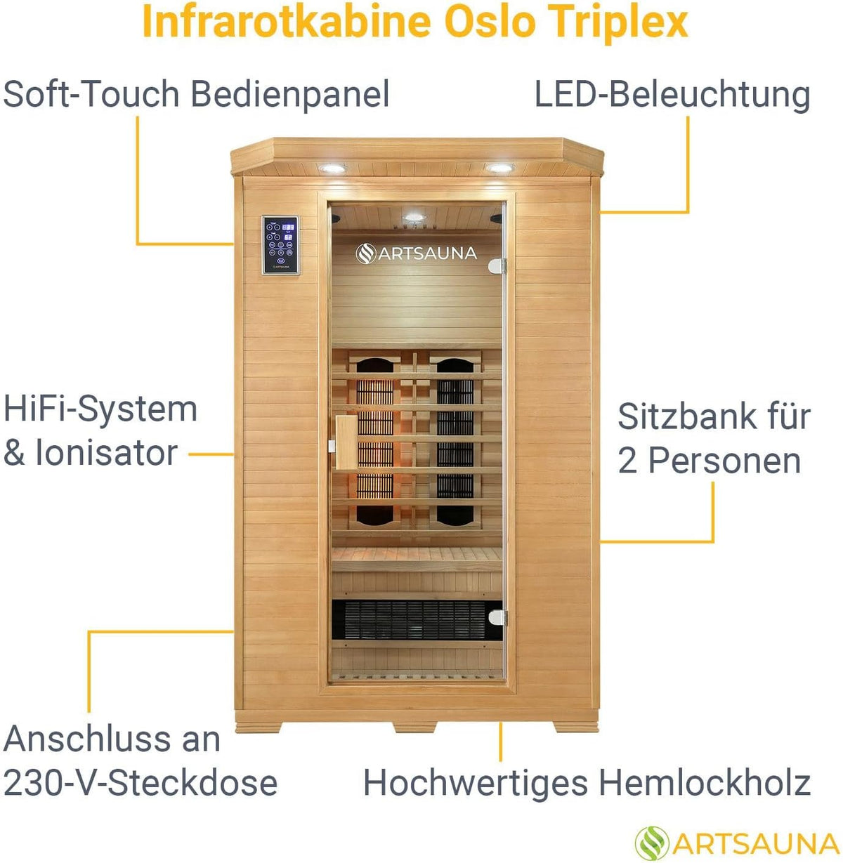 Artsauna Oslo Infrared Cabin with Triplex Heating System for 2 People Hemlock Wood 120 x 100 cm Infrared Sauna Infrared Heat Cabin Sauna - QUORE