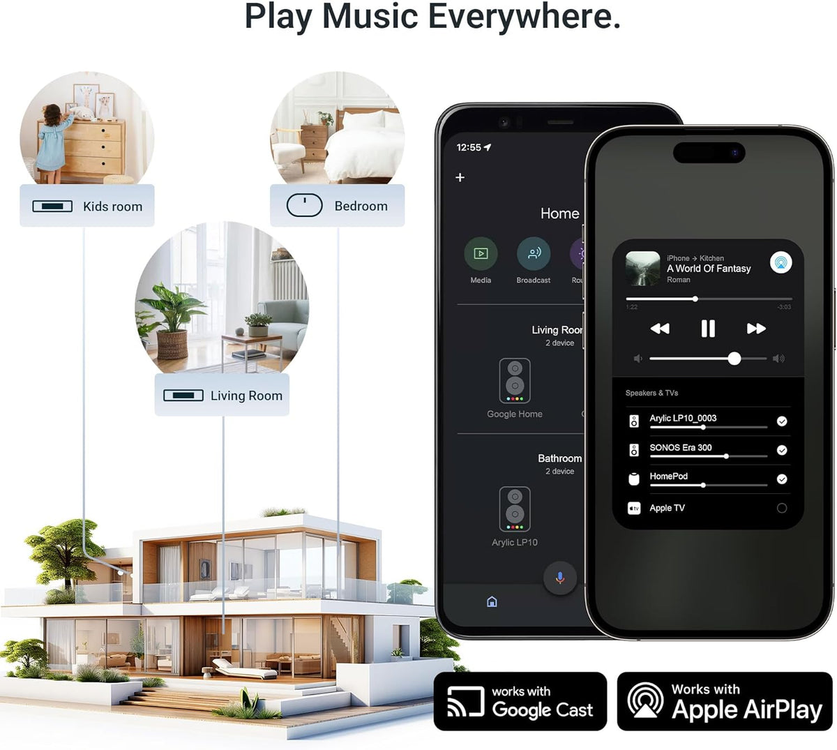 Arylic LP10 draadloze streamer, ondersteunt AirPlay 2, Google Cast, Apple Home, Spotify en Tidal, 5G WiFi en Bluetooth, voorversterker