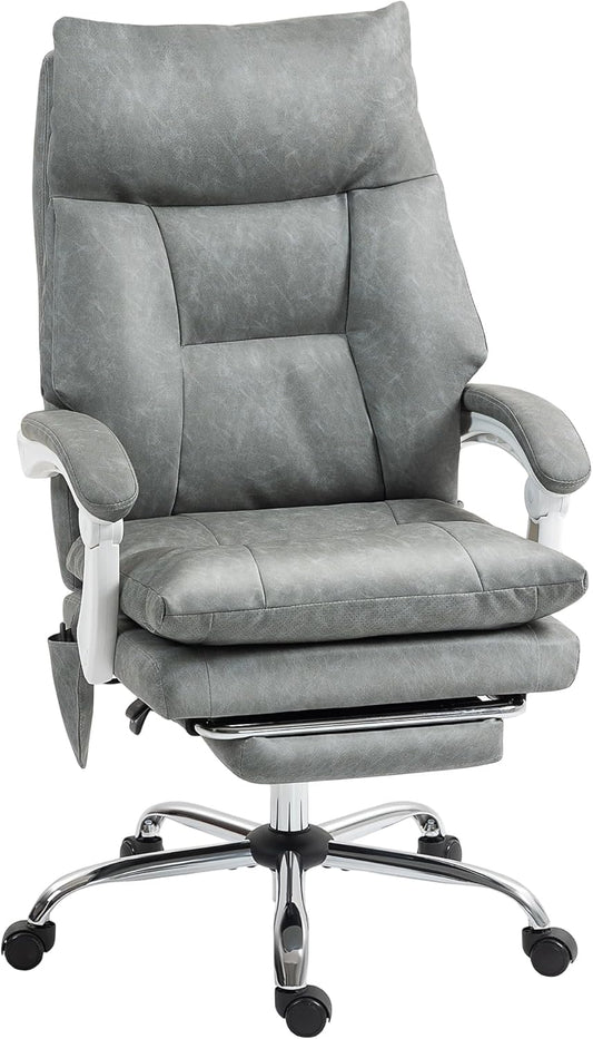 HOMCOM Executive Office Chair with Airbag Lumbar Support, PU Leather Office Chair with Footrest, Quiet Casters, Adjustable Backrest, High Back, Height Adjustable, for Home, Grey - QUORE