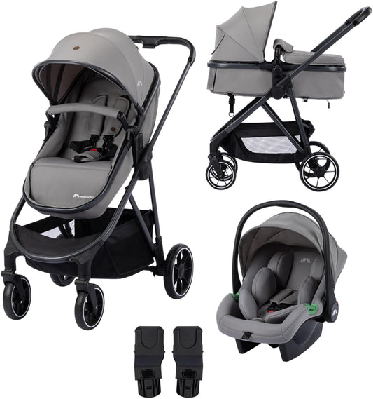 Bebeconfort Breeze Trio, 3 in 1 Kinderwagen Set met Autostoeltje, 0-22 kg (0-4 jaar), Omkeerbaar & Lichtgewicht Combi Wandelwagen, i-Size Autostoeltje, Compact Inklapbaar, Ruime Mand, Mineral Grey