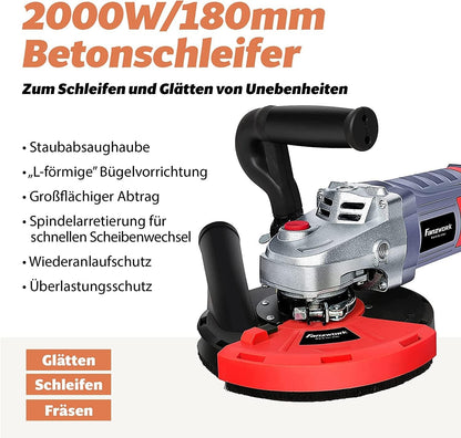 FANZTOOL Betonslijper, betonfrees, set met diamantslijpkop en afzuigkap (2000 W/180 mm)
