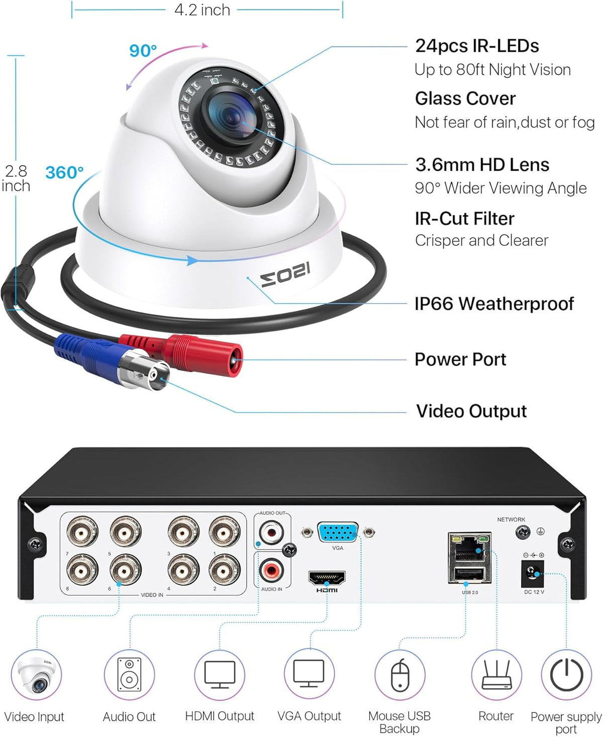ZOSI 1080P Outdoor Beveiligingscamera Set 8CH H.265 + 2MP DVR met 4X 1080P Diskless Dome Camera 24M IR Nachtzicht voor Thuisbewaking