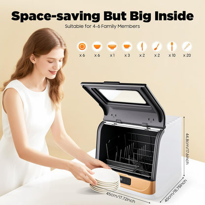 800 W Tabletop Dishwasher with 3 Programs for 12-20 Crockery Parts, 360° Spray Machine, Mini Dishwasher for Home, Motorhome, Gold
