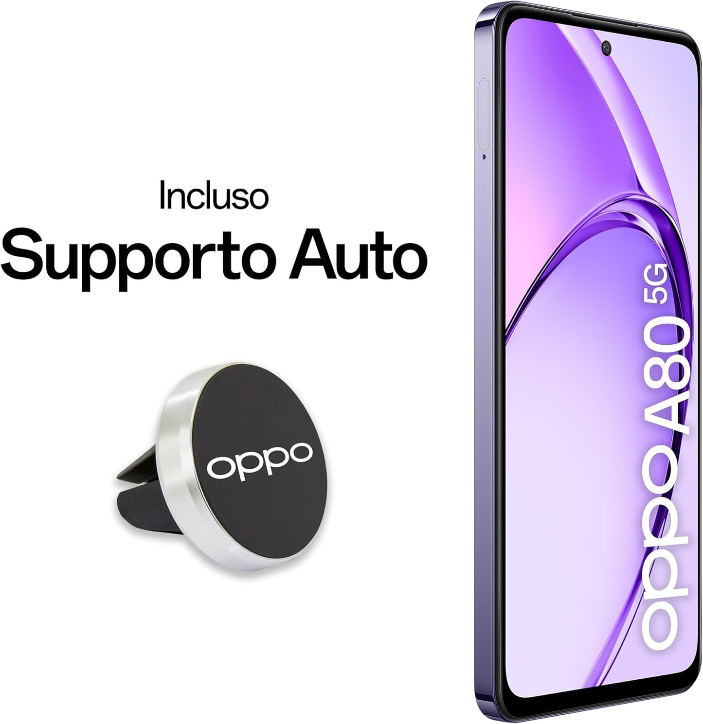 OPPO A80 5G Smartphone, AI dubbele camera 50 + 2 MP, selfie 8 MP, display 6,67 inch 120 Hz LCD HD+, 5100 mAh, RAM 16 GB (8 + 8) + ROM 256 GB (esp1TB), IP54, autohouder [Italiaanse versie], Moonlight