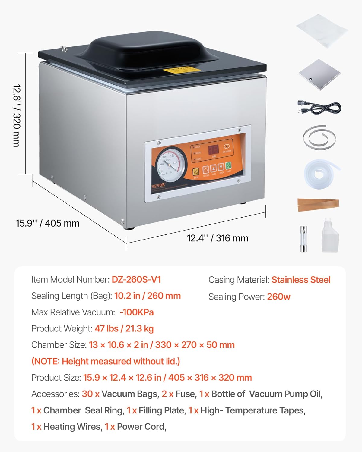 VEVOR 260 W kamer vacuüm verpakkingsmachine compact formaat 260 mm in de keuken thuis en voor commercieel gebruik voor nat voedsel, vlees, marinades