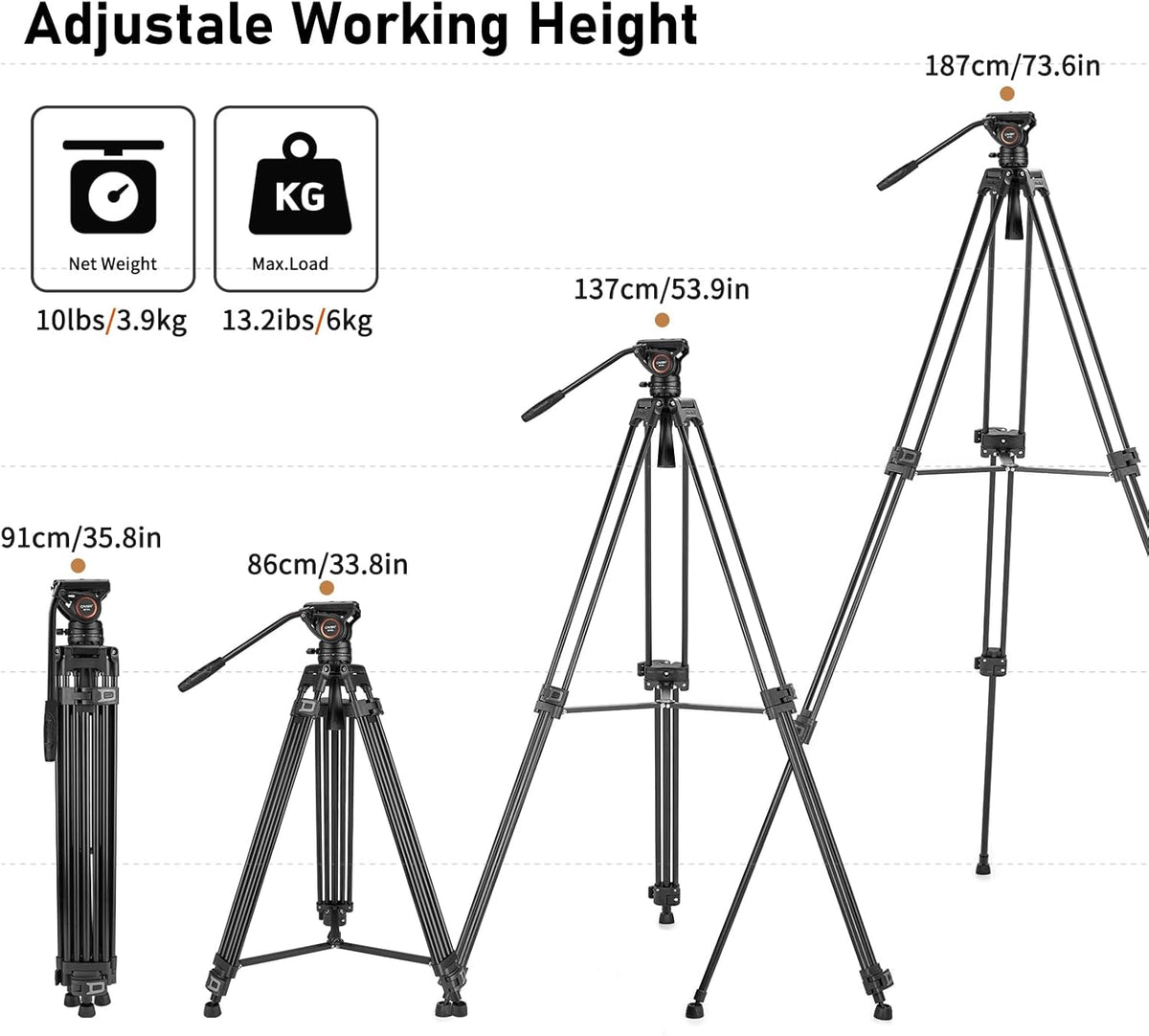 Videostatiefsysteem – Videostatief – Camerastatief – Driepoot – Statief Met Vloeistofkop – 72 Inch – Dubbele Buis Van Sterk Aluminium