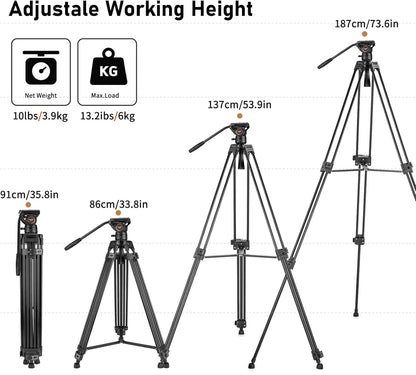 Videostatiefsysteem – Videostatief – Camerastatief – Driepoot – Statief Met Vloeistofkop – 72 Inch – Dubbele Buis Van Sterk Aluminium